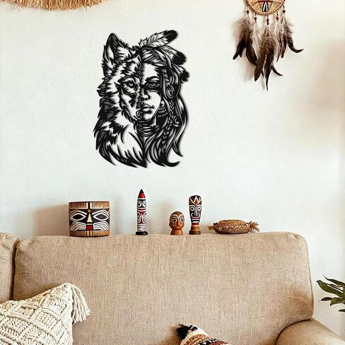 JEWLOVE لوحة فنية جدارية معدنية أمريكية أصلية، لوحة فنية جدارية بتصميم امرأة الذئب - فن قبلي لغرفة المعيشة، والنزل، والمقصورة، وديكور حائط أمريكي أصلي ريفي in Kuwait