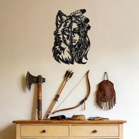 JEWLOVE لوحة فنية جدارية معدنية أمريكية أصلية، لوحة فنية جدارية بتصميم امرأة الذئب - فن قبلي لغرفة المعيشة، والنزل، والمقصورة، وديكور حائط أمريكي أصلي ريفي in Kuwait