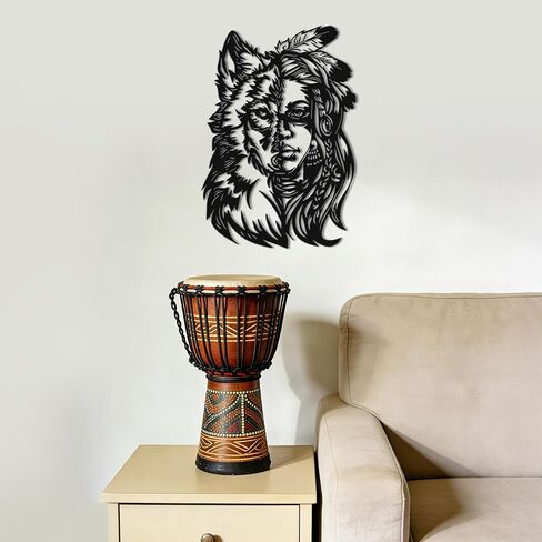 JEWLOVE لوحة فنية جدارية معدنية أمريكية أصلية، لوحة فنية جدارية بتصميم امرأة الذئب - فن قبلي لغرفة المعيشة، والنزل، والمقصورة، وديكور حائط أمريكي أصلي ريفي in Kuwait