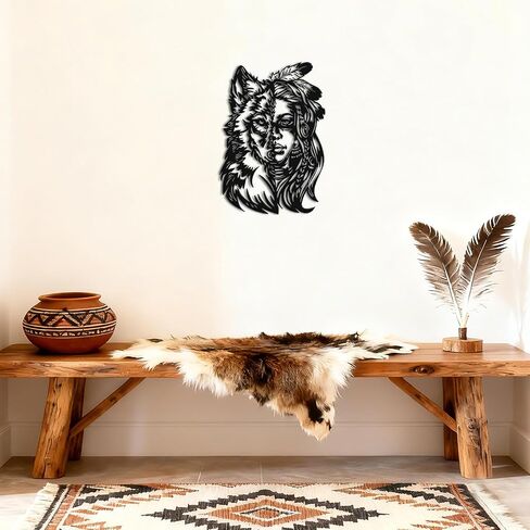 JEWLOVE لوحة فنية جدارية معدنية أمريكية أصلية، لوحة فنية جدارية بتصميم امرأة الذئب - فن قبلي لغرفة المعيشة، والنزل، والمقصورة، وديكور حائط أمريكي أصلي ريفي in Kuwait