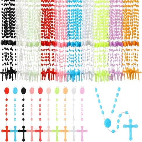 Meooeck 100 Pack Cross Necklaces Bulk Rosary Beads for Church Welcome Gifts Present Plastic Cross Rosary Necklace Prayer Crossed Beads for Religious Homeless Gift Party Favor, 13 Inch in Kuwait