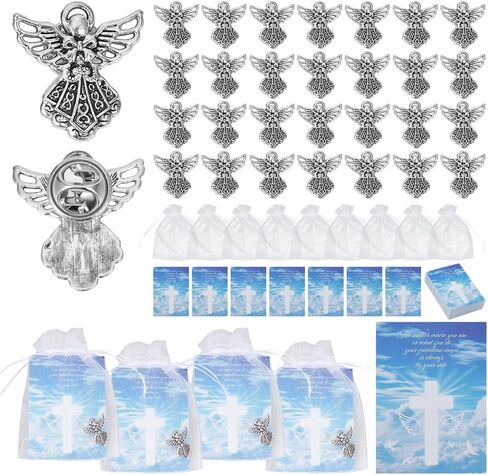60 Pack Angel Memorial Sign Pins Set, Include 60 Small Angel Pins 60 Guardian Memorial Cards with 60 White Organza Bag Gifts for Women Lapel Funeral, Silver in Saudi Arabia