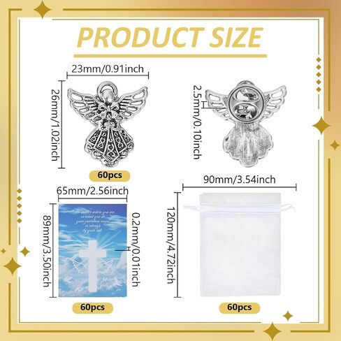 60 Pack Angel Memorial Sign Pins Set, Include 60 Small Angel Pins 60 Guardian Memorial Cards with 60 White Organza Bag Gifts for Women Lapel Funeral, Silver in Saudi Arabia