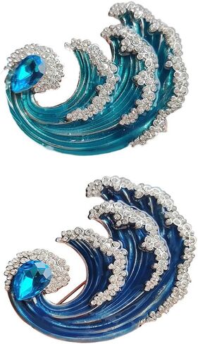 2PCS Ocean-Inspired Blue Wave Brooch - Zirconia and Rhinestones Decor, Suitable for Daily & Vacation Wear, All-Year-Round Jewelry in Saudi Arabia