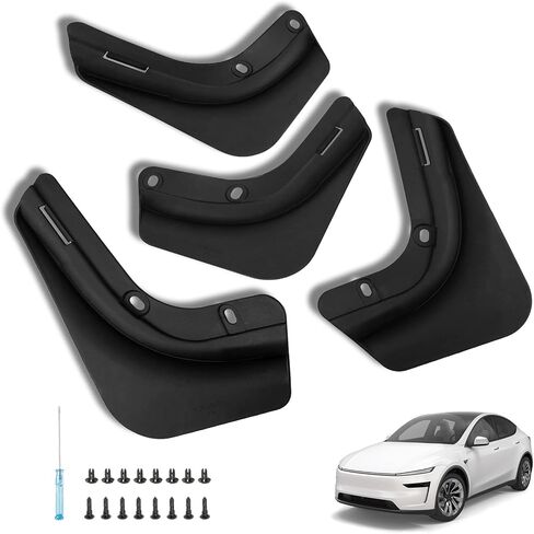 واقيات رذاذ الطين المحسنة لعام 2025-2026 من طراز Tesla Model Y Juniper No-Drill Fit، حماية من جميع الأحوال الجوية للطلاء والجسم باللون الأسود، مجموعة من 4 in Kuwait