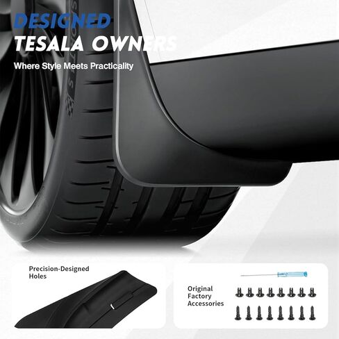 واقيات رذاذ الطين المحسنة لعام 2025-2026 من طراز Tesla Model Y Juniper No-Drill Fit، حماية من جميع الأحوال الجوية للطلاء والجسم باللون الأسود، مجموعة من 4 in Kuwait