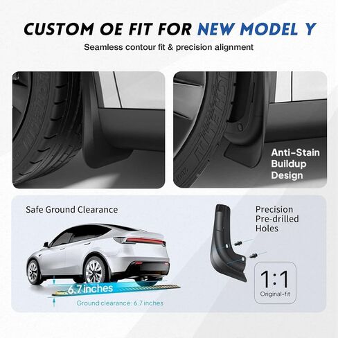 واقيات رذاذ الطين المحسنة لعام 2025-2026 من طراز Tesla Model Y Juniper No-Drill Fit، حماية من جميع الأحوال الجوية للطلاء والجسم باللون الأسود، مجموعة من 4 in Kuwait