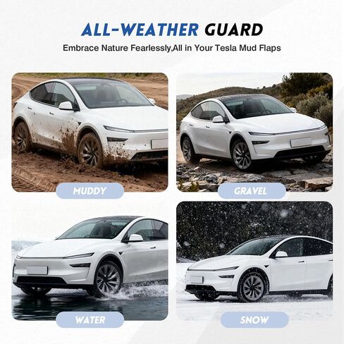 واقيات رذاذ الطين المحسنة لعام 2025-2026 من طراز Tesla Model Y Juniper No-Drill Fit، حماية من جميع الأحوال الجوية للطلاء والجسم باللون الأسود، مجموعة من 4 in Kuwait