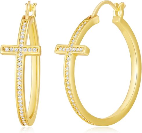 18K Gold Plated Cross Hoop Earrings for Women, Sparkly Cubic Zirconia CZ Large Chunky 30mm Gold Hoops, Religious Faith Jewelry Gifts in Kuwait