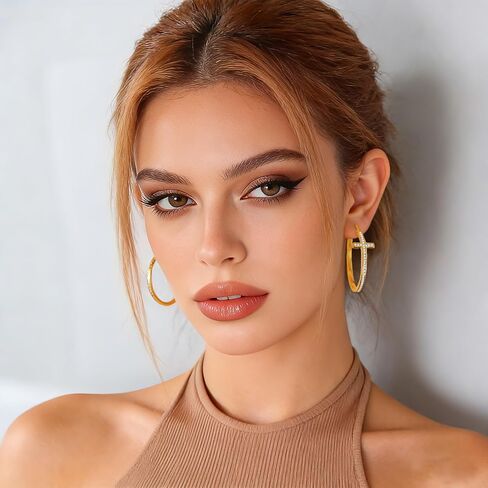 18K Gold Plated Cross Hoop Earrings for Women, Sparkly Cubic Zirconia CZ Large Chunky 30mm Gold Hoops, Religious Faith Jewelry Gifts in Kuwait