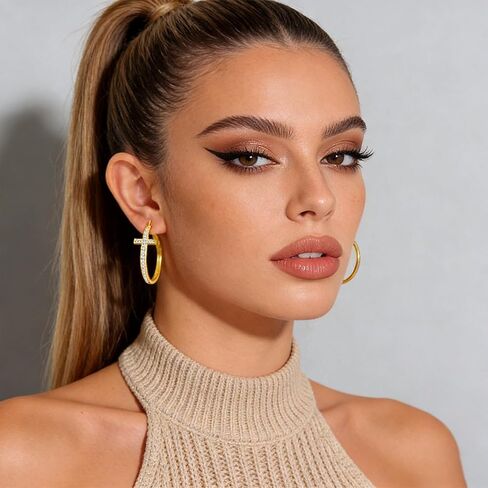 18K Gold Plated Cross Hoop Earrings for Women, Sparkly Cubic Zirconia CZ Large Chunky 30mm Gold Hoops, Religious Faith Jewelry Gifts in Kuwait