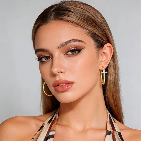 18K Gold Plated Cross Hoop Earrings for Women, Sparkly Cubic Zirconia CZ Large Chunky 30mm Gold Hoops, Religious Faith Jewelry Gifts in Kuwait