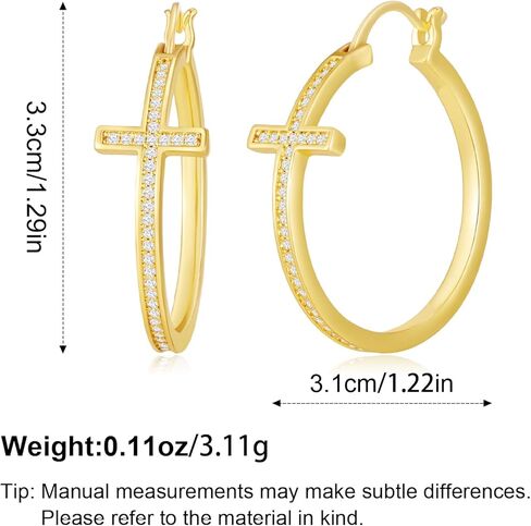 18K Gold Plated Cross Hoop Earrings for Women, Sparkly Cubic Zirconia CZ Large Chunky 30mm Gold Hoops, Religious Faith Jewelry Gifts in Kuwait