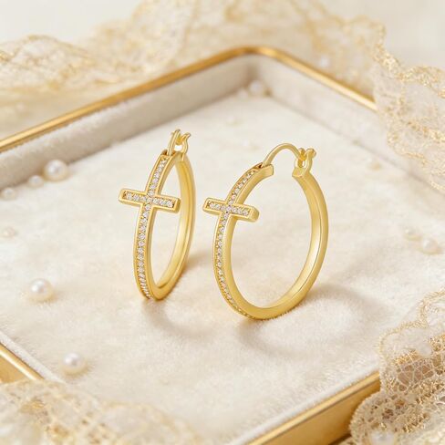18K Gold Plated Cross Hoop Earrings for Women, Sparkly Cubic Zirconia CZ Large Chunky 30mm Gold Hoops, Religious Faith Jewelry Gifts in Kuwait