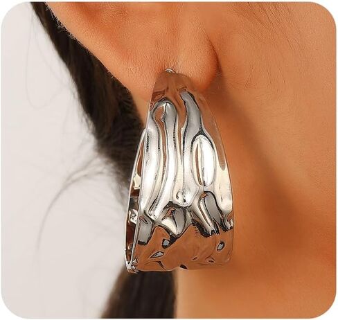 Hammered Hoop Earrings for Women,Plated Gold Chunky Statement Earrings,Hammering Wide Big Earrings Aesthetic Jewelry in Kuwait