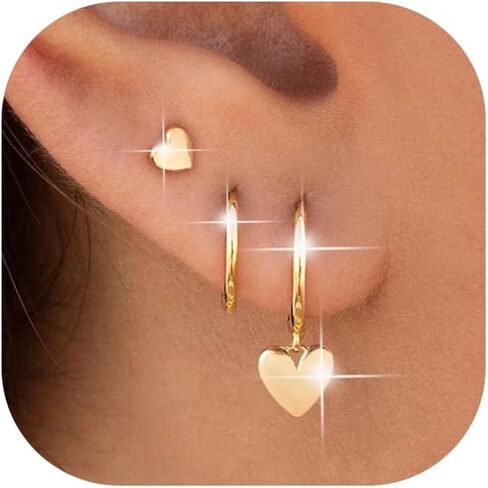 3 Pairs Trendy Hoop Earring for Women,Chunky Hoop Earrings Set Charm Cute Heart Butterfly Bow CZ Pearl Huggie Hoops Earrings Lightweight Trendy Jewelry in Kuwait