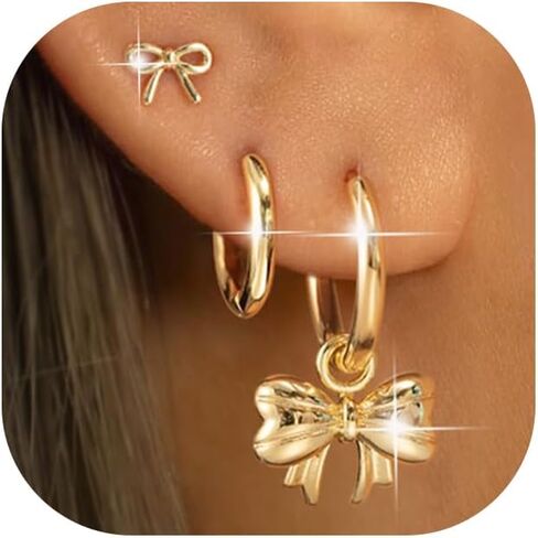 3 Pairs Trendy Hoop Earring for Women,Chunky Hoop Earrings Set Charm Cute Heart Butterfly Bow CZ Pearl Huggie Hoops Earrings Lightweight Trendy Jewelry in Saudi Arabia