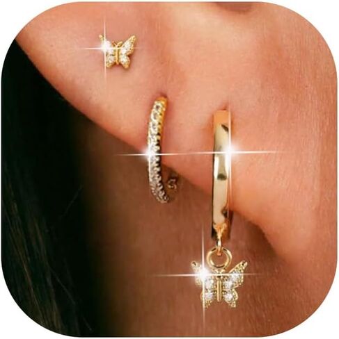3 Pairs Trendy Hoop Earring for Women,Chunky Hoop Earrings Set Charm Cute Heart Butterfly Bow CZ Pearl Huggie Hoops Earrings Lightweight Trendy Jewelry in Saudi Arabia