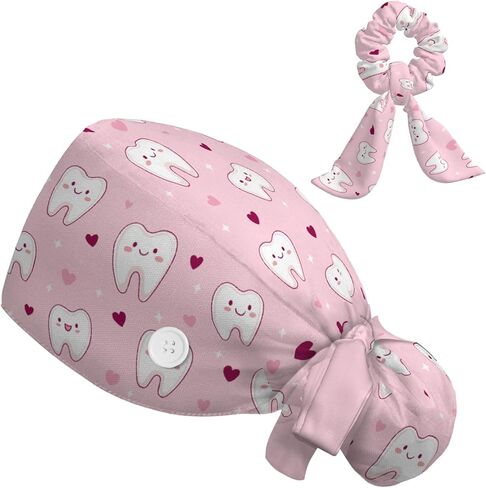 Scrub Caps Women Ponytail, Adjustable Surgical Caps with Buttons and Sweatband, Bouffant Hat with Hair Scrunchy, Nurse Hat, Working Cap, Teeth Print Pink Cute Cartoon Hearts Lovely Funny for Dentisit in Saudi Arabia