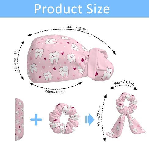 Scrub Caps Women Ponytail, Adjustable Surgical Caps with Buttons and Sweatband, Bouffant Hat with Hair Scrunchy, Nurse Hat, Working Cap, Teeth Print Pink Cute Cartoon Hearts Lovely Funny for Dentisit in Saudi Arabia
