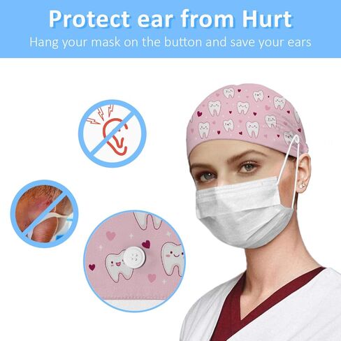Scrub Caps Women Ponytail, Adjustable Surgical Caps with Buttons and Sweatband, Bouffant Hat with Hair Scrunchy, Nurse Hat, Working Cap, Teeth Print Pink Cute Cartoon Hearts Lovely Funny for Dentisit in Saudi Arabia