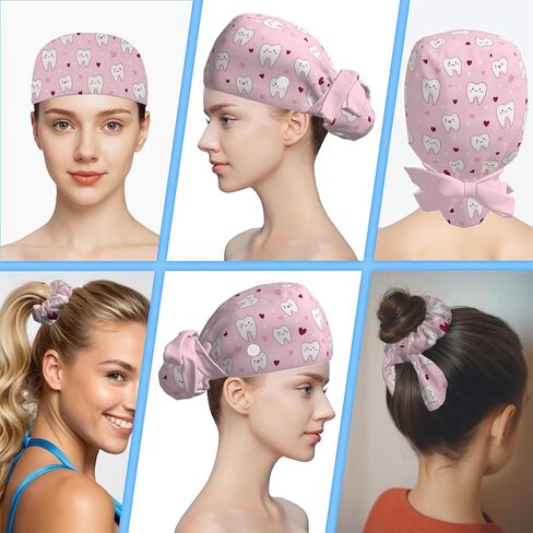 Scrub Caps Women Ponytail, Adjustable Surgical Caps with Buttons and Sweatband, Bouffant Hat with Hair Scrunchy, Nurse Hat, Working Cap, Teeth Print Pink Cute Cartoon Hearts Lovely Funny for Dentisit in Saudi Arabia