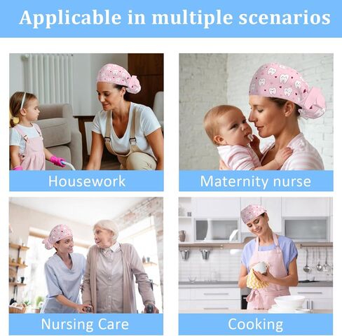 Scrub Caps Women Ponytail, Adjustable Surgical Caps with Buttons and Sweatband, Bouffant Hat with Hair Scrunchy, Nurse Hat, Working Cap, Teeth Print Pink Cute Cartoon Hearts Lovely Funny for Dentisit in Saudi Arabia