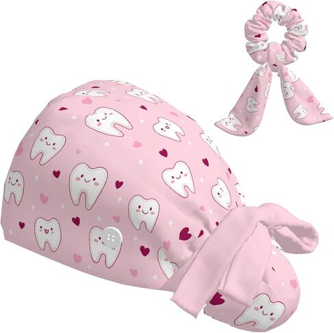 Scrub Caps Women Ponytail, Adjustable Surgical Caps with Buttons and Sweatband, Bouffant Hat with Hair Scrunchy, Nurse Hat, Working Cap, Teeth Print Pink Cute Cartoon Hearts Lovely Funny for Dentisit in Saudi Arabia