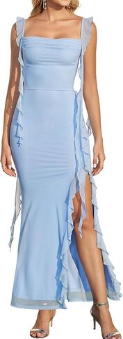 فستان KUTUMAI طويل مكشكش لحفلات الزفاف الرسمية فستان صيفي طويل لحفلات الكوكتيل وحفلات الكوكتيل للنساء أنيق in Kuwait