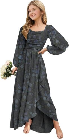 فساتين وصيفة الشرف للصغار من الشيفون الزهري الربيعي، بأكمام طويلة، فستان ضيف الزفاف، فساتين الأعياد عالية ومنخفضة للفتيات in Kuwait