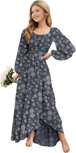 Spring Floral Chiffon Junior Bridesmaid Dresses Long Sleeve Wedding Guest Dress High-Low Holiday Dresses for Girls in Saudi Arabia