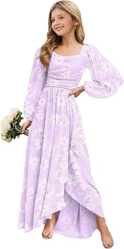 Spring Floral Chiffon Junior Bridesmaid Dresses Long Sleeve Wedding Guest Dress High-Low Holiday Dresses for Girls in Saudi Arabia