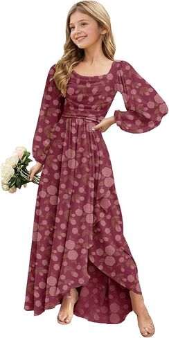 Spring Floral Chiffon Junior Bridesmaid Dresses Long Sleeve Wedding Guest Dress High-Low Holiday Dresses for Girls in Saudi Arabia