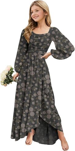 Spring Floral Chiffon Junior Bridesmaid Dresses Long Sleeve Wedding Guest Dress High-Low Holiday Dresses for Girls in Saudi Arabia