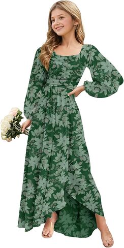 Spring Floral Chiffon Junior Bridesmaid Dresses Long Sleeve Wedding Guest Dress High-Low Holiday Dresses for Girls in Saudi Arabia