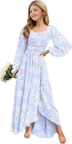 Spring Floral Chiffon Junior Bridesmaid Dresses Long Sleeve Wedding Guest Dress High-Low Holiday Dresses for Girls in Saudi Arabia