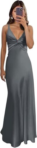 Long Satin V Neck Prom Dresses Maxi Bridesmaid Dresses Formal Evening Party Gown 2026 in Saudi Arabia