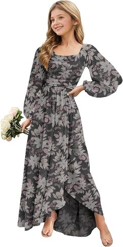 Spring Floral Chiffon Junior Bridesmaid Dresses Long Sleeve Wedding Guest Dress High-Low Holiday Dresses for Girls in Saudi Arabia