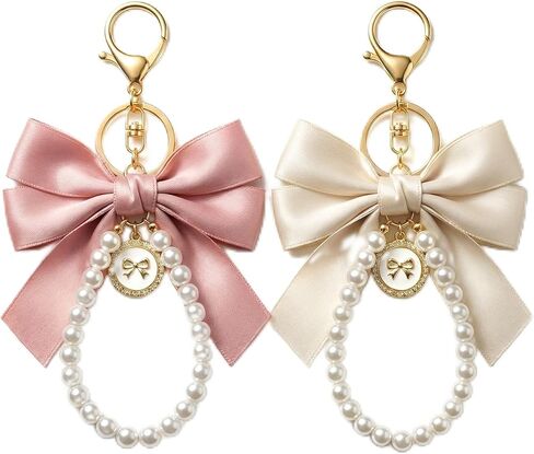 2 Pcs Y2K Pearl Keychain Coquette Aesthetic Lace Bowknot Bag Charm for Purse Phone Car Accessories Cute Gifts Keychain (Pink and White) in Kuwait
