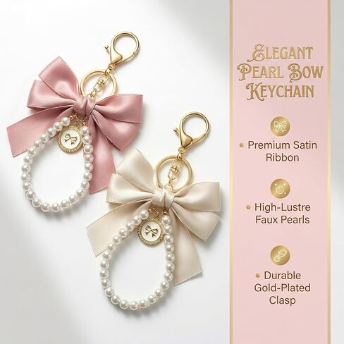 2 Pcs Y2K Pearl Keychain Coquette Aesthetic Lace Bowknot Bag Charm for Purse Phone Car Accessories Cute Gifts Keychain (Pink and White) in Kuwait