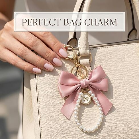 2 Pcs Y2K Pearl Keychain Coquette Aesthetic Lace Bowknot Bag Charm for Purse Phone Car Accessories Cute Gifts Keychain (Pink and White) in Kuwait