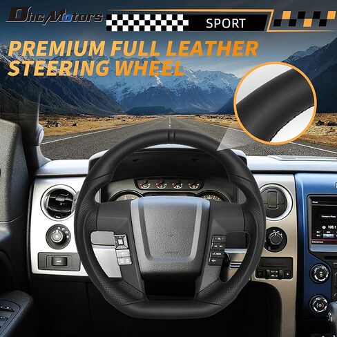 Full Leather Steering Wheel for Ford F150 2009-2014, Nappa Perforated Leather D-shaped Flat-bottom with Black Positioning Line Black Handcrafted Stitching in Saudi Arabia