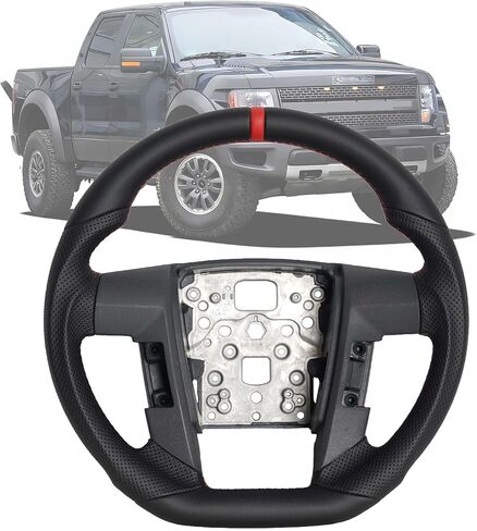 Full Leather Steering Wheel for Ford F150 2009-2014, Nappa Perforated Leather D-shaped Flat-bottom with Black Positioning Line Black Handcrafted Stitching in Saudi Arabia