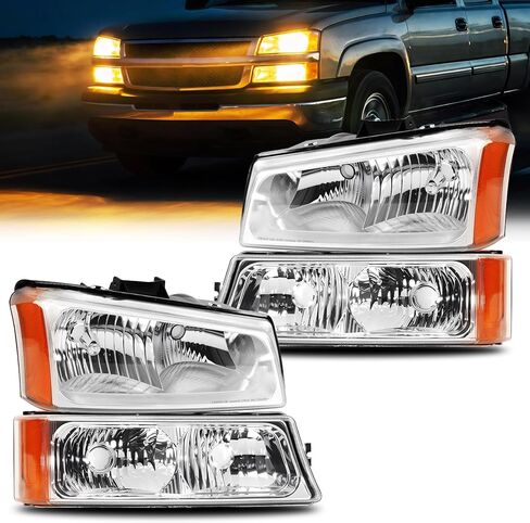 المصابيح الأمامية متوافقة مع 2007-2013 Chevy Silverado 1500 2500HD 3500HD المصابيح الأمامية عدسة شفافة كروم كهرماني عاكس للسائق ومصابيح أمامية جانبية للركاب in Saudi Arabia