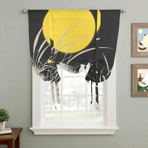 Yellow Moonlight Tie Up Curtains for Window, Modern Rustic Rabbits Botanical Thermal Insulated Balloon Shade Adjustable Rod Pocket Curtains Valance Panels for Kitchen Bathroom Café 34'' x 45'' in Saudi Arabia