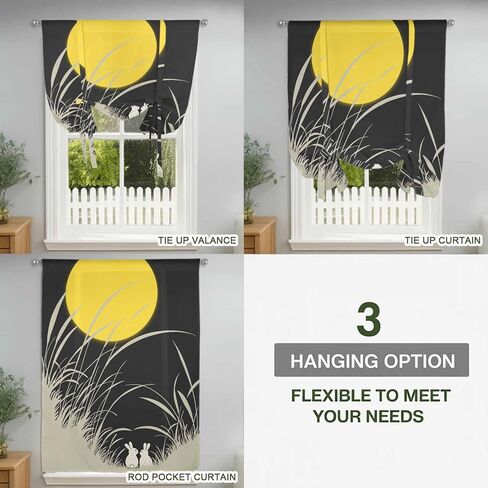 Yellow Moonlight Tie Up Curtains for Window, Modern Rustic Rabbits Botanical Thermal Insulated Balloon Shade Adjustable Rod Pocket Curtains Valance Panels for Kitchen Bathroom Café 34'' x 45'' in Saudi Arabia