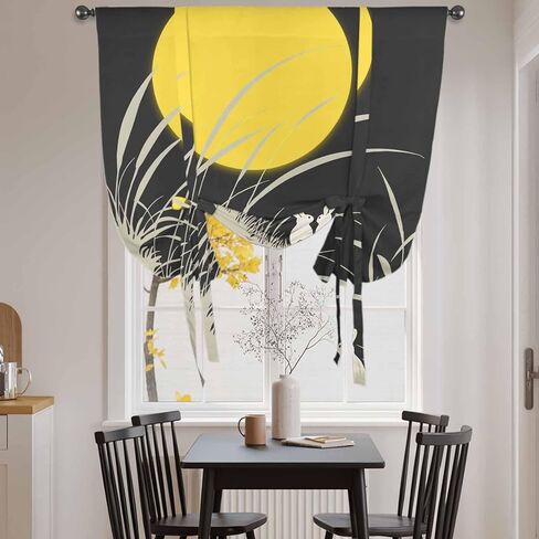 Yellow Moonlight Tie Up Curtains for Window, Modern Rustic Rabbits Botanical Thermal Insulated Balloon Shade Adjustable Rod Pocket Curtains Valance Panels for Kitchen Bathroom Café 34'' x 45'' in Saudi Arabia