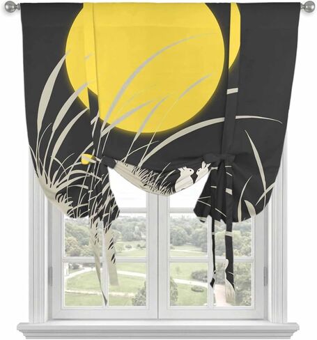 Yellow Moonlight Tie Up Curtains for Window, Modern Rustic Rabbits Botanical Thermal Insulated Balloon Shade Adjustable Rod Pocket Curtains Valance Panels for Kitchen Bathroom Café 34'' x 45'' in Saudi Arabia
