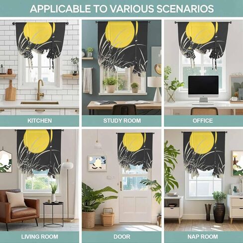 Yellow Moonlight Tie Up Curtains for Window, Modern Rustic Rabbits Botanical Thermal Insulated Balloon Shade Adjustable Rod Pocket Curtains Valance Panels for Kitchen Bathroom Café 34'' x 45'' in Saudi Arabia