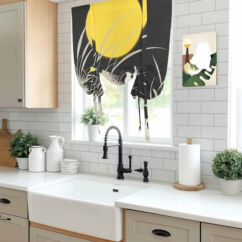 Yellow Moonlight Tie Up Curtains for Window, Modern Rustic Rabbits Botanical Thermal Insulated Balloon Shade Adjustable Rod Pocket Curtains Valance Panels for Kitchen Bathroom Café 34'' x 45'' in Saudi Arabia